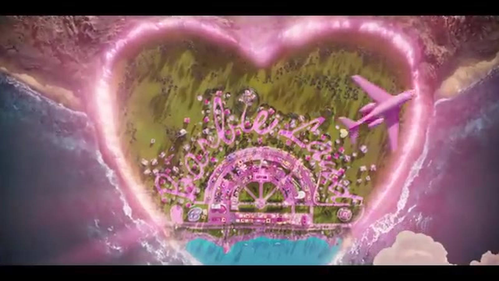 Barbie Land heart-shaped island from the 2023 film trailer