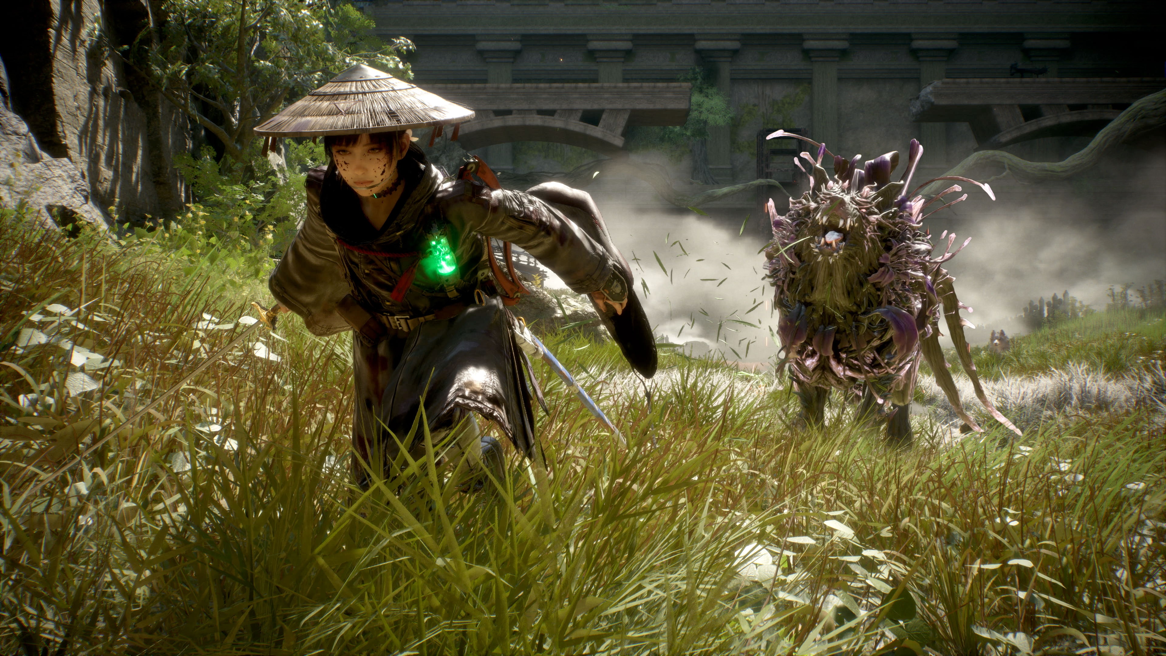 Emma flees a blighted beast through tall grass