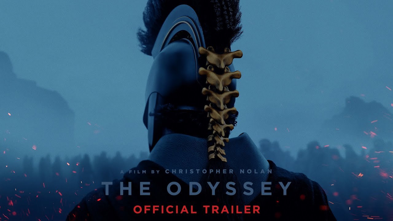 The Odyssey official trailer key art: warrior helmet over a fogged army