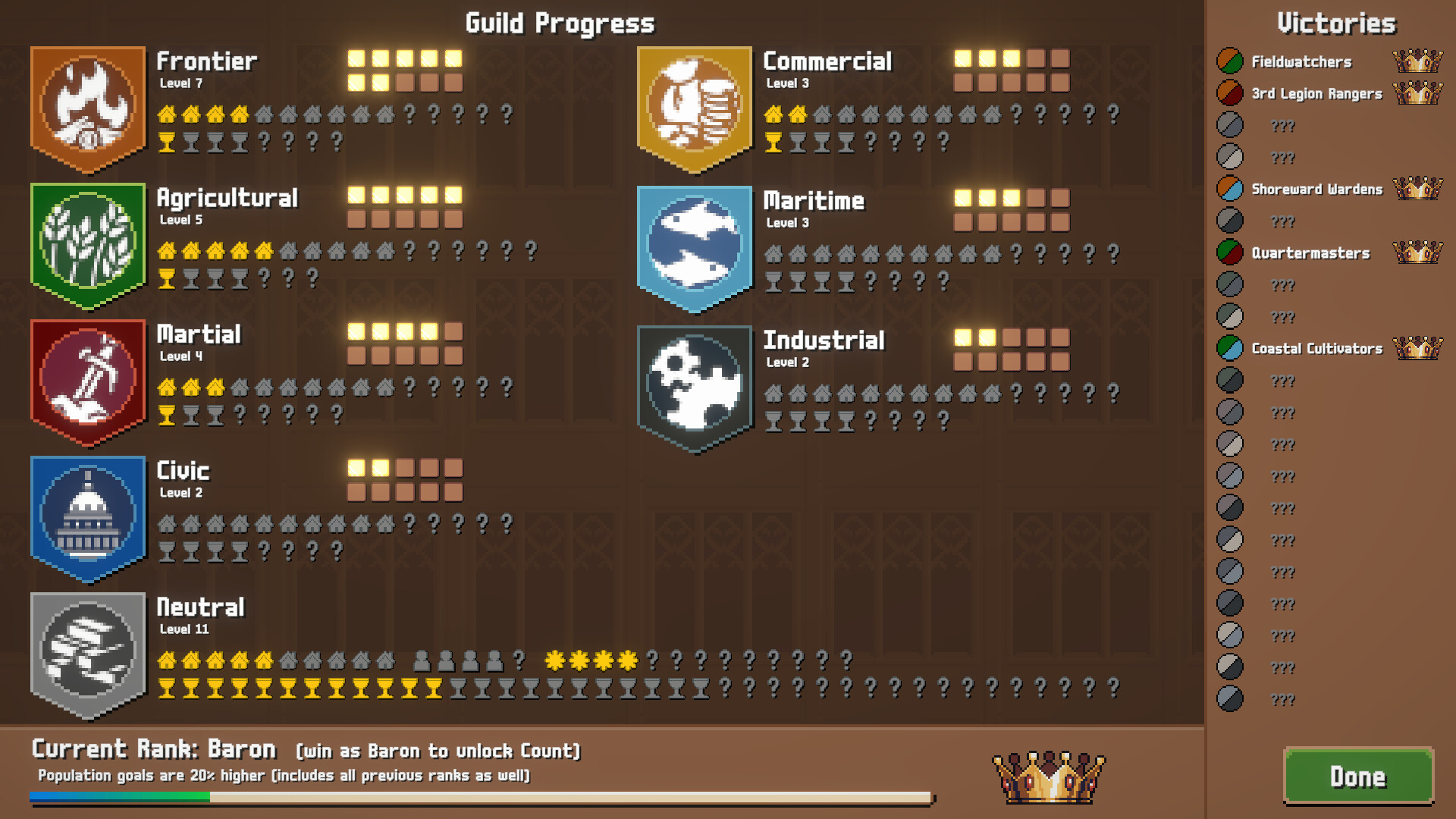 Combolands guild progress screen with Frontier Agricultural Martial tracks