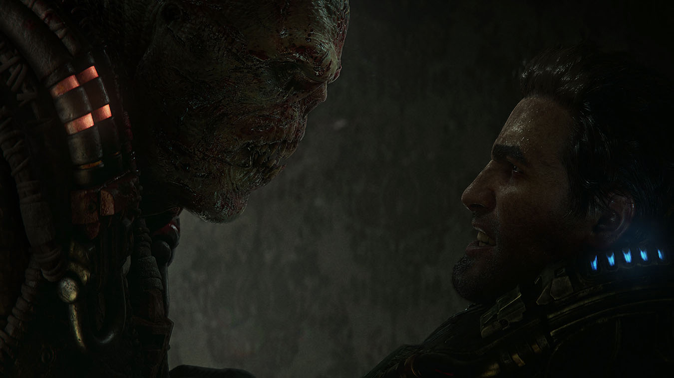 Marcus Fenix face to face with a Locust