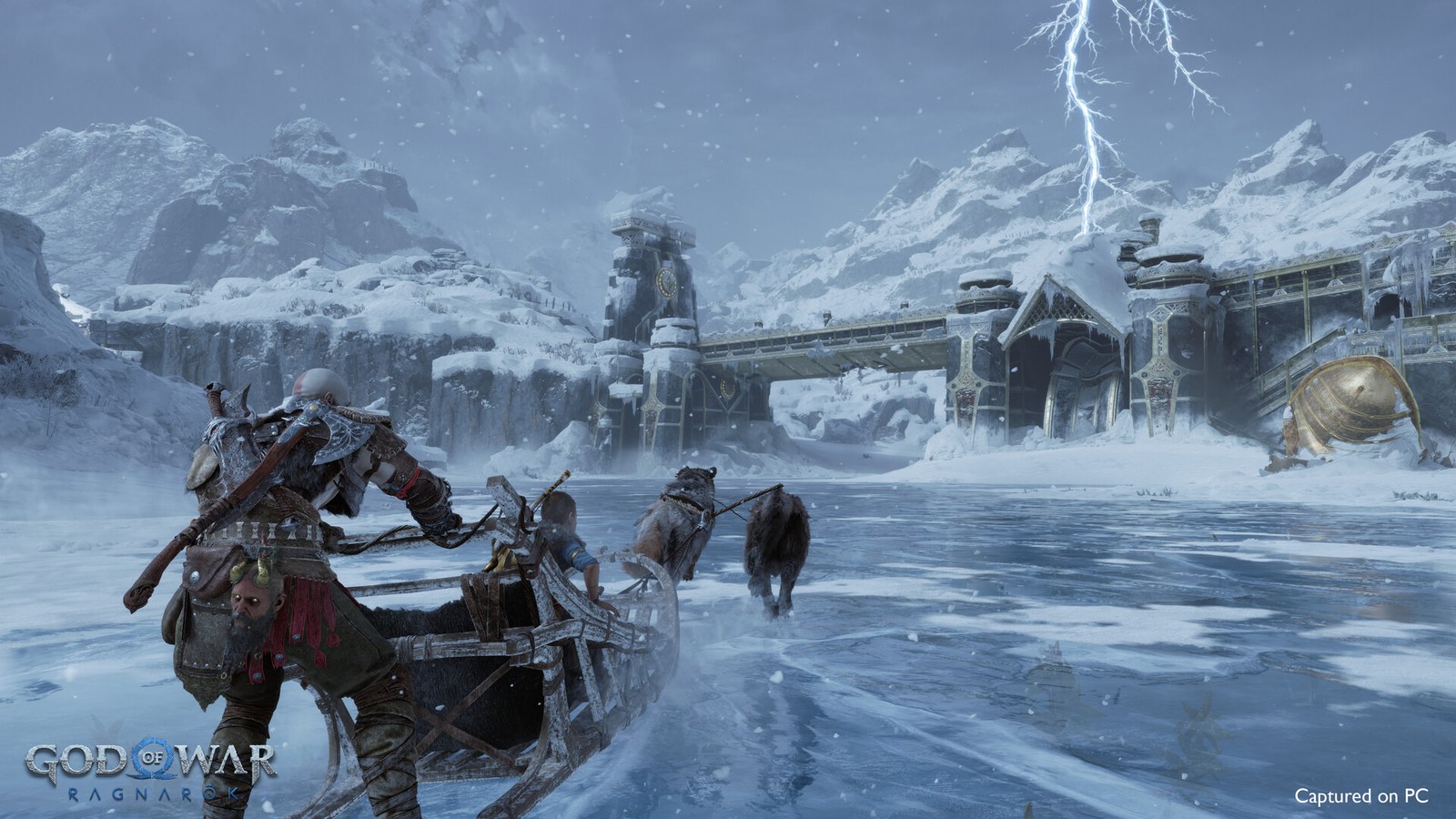 Atreus with Kratos on the wolf sled in God of War Ragnarök