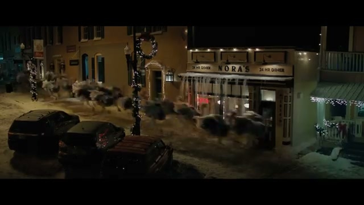 Ostriches stampede past Nora's diner in a snowy town