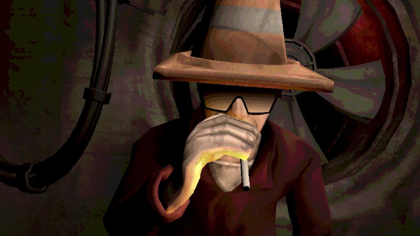 Cigarette-smoking minigame character in cone hat