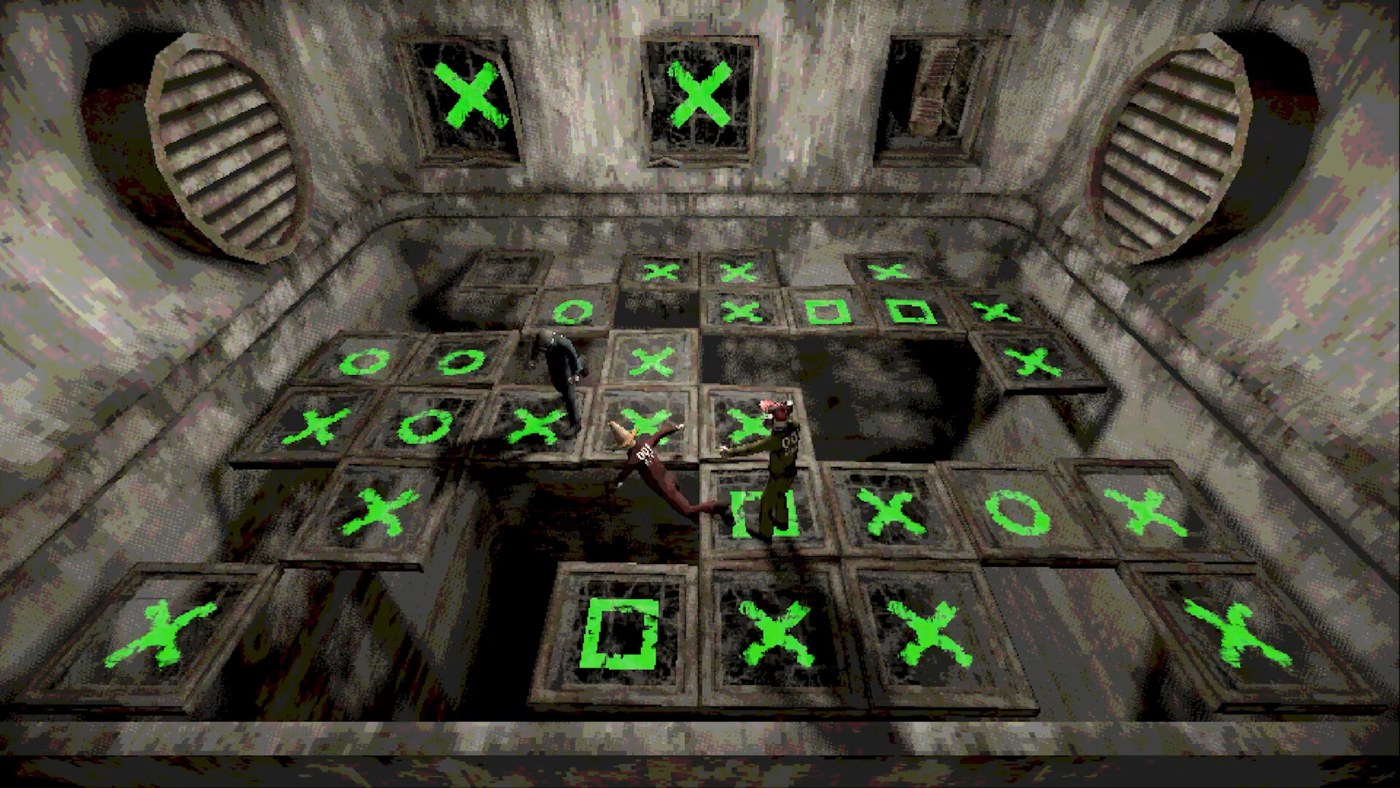 Tile-floor death platform with X and O markers