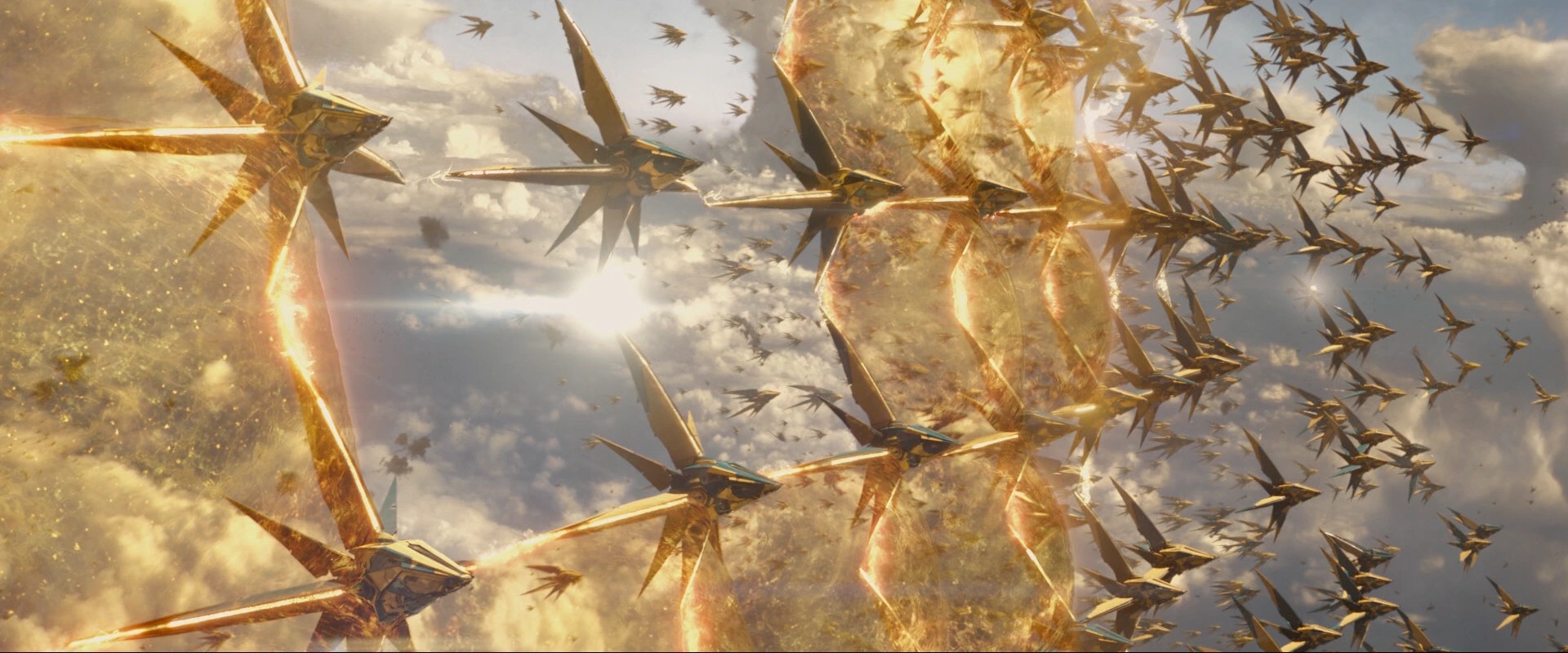 Nova Corps Starblaster fleet linking a shield wall over Xandar