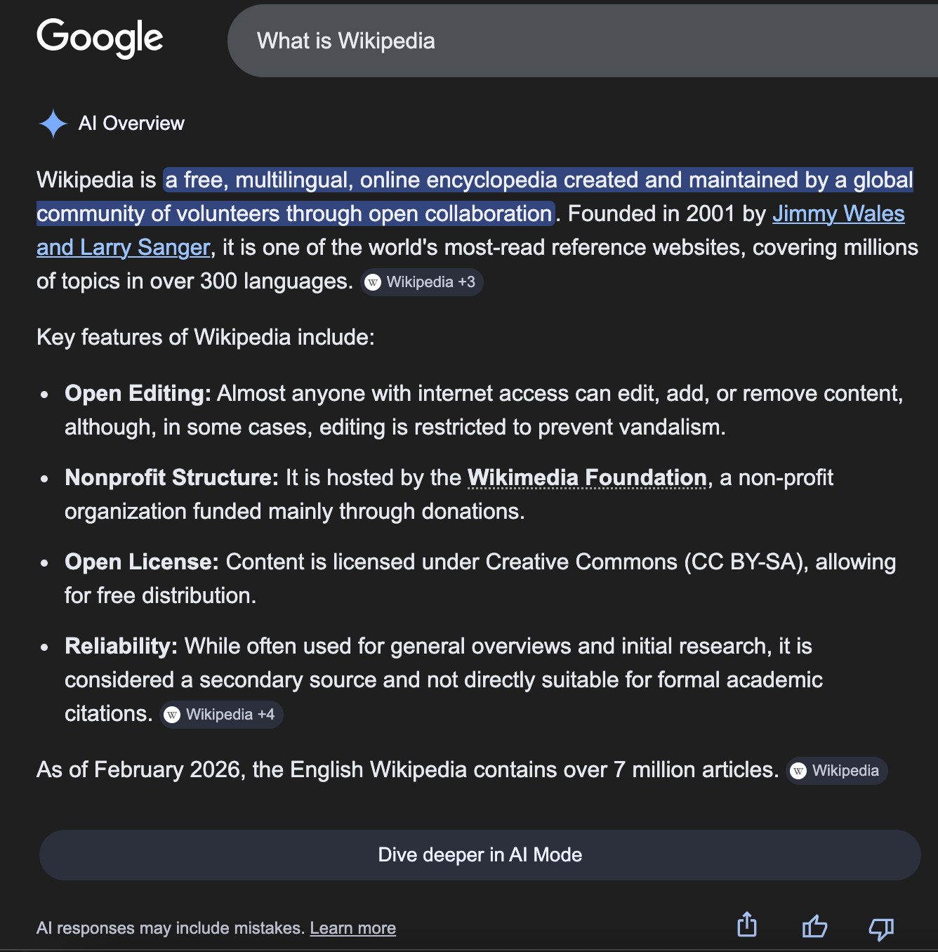 Google AI Overviews panel citing Wikipedia and other sources on a search results page