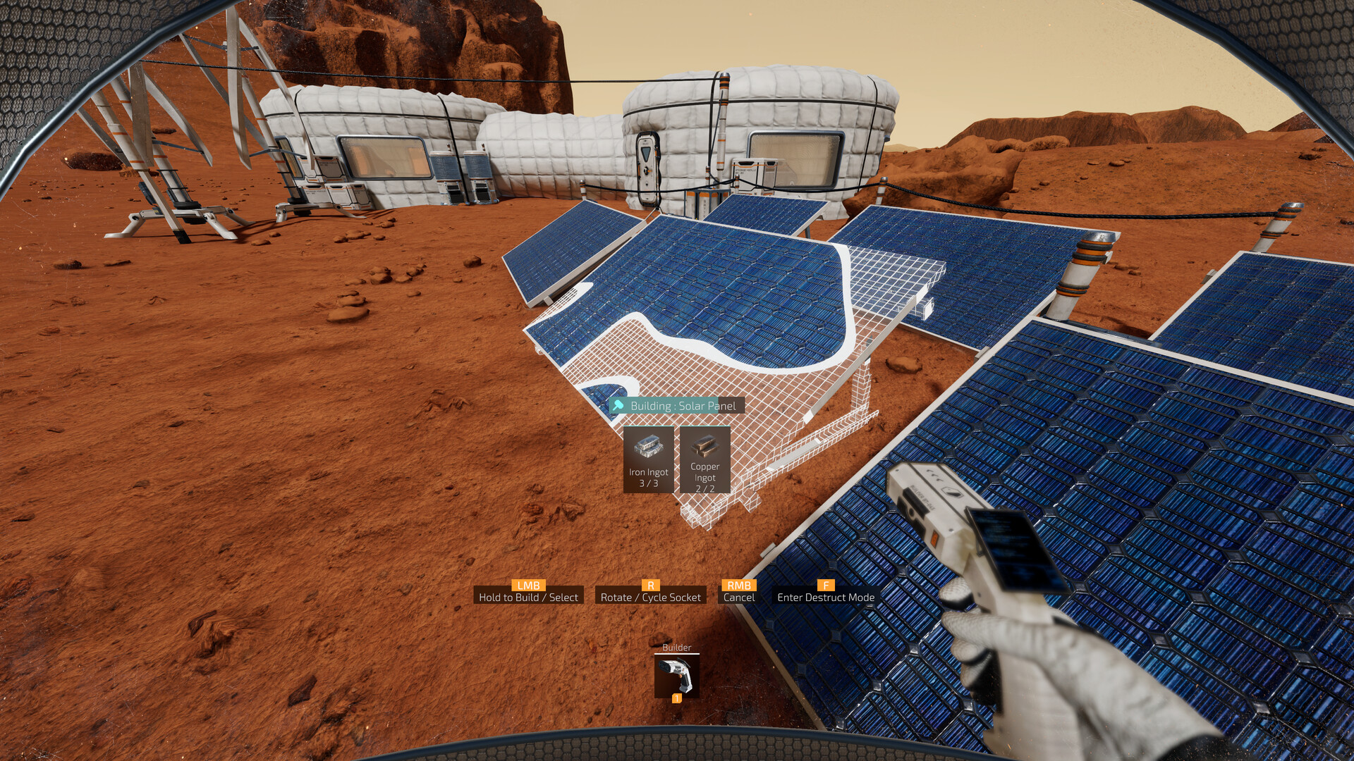 Sol One base building with solar panels on Mars