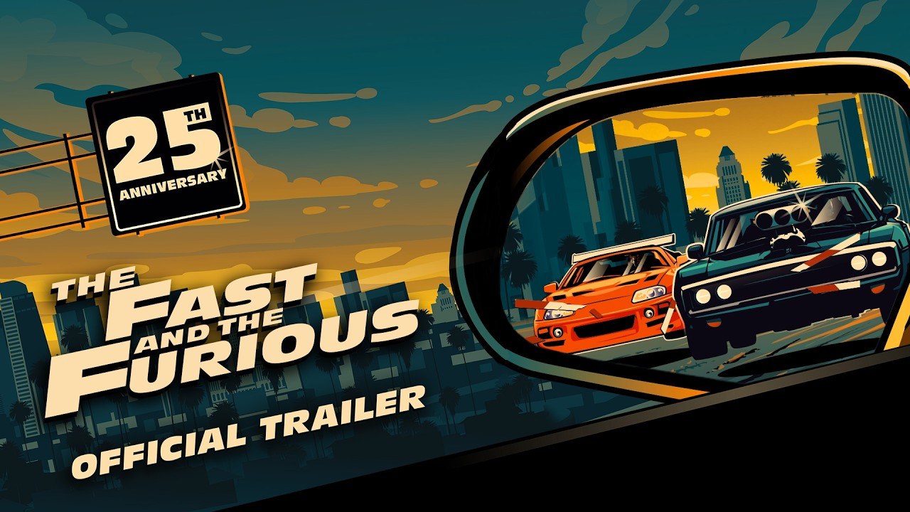 25th anniversary re-release trailer key art for The Fast and the Furious